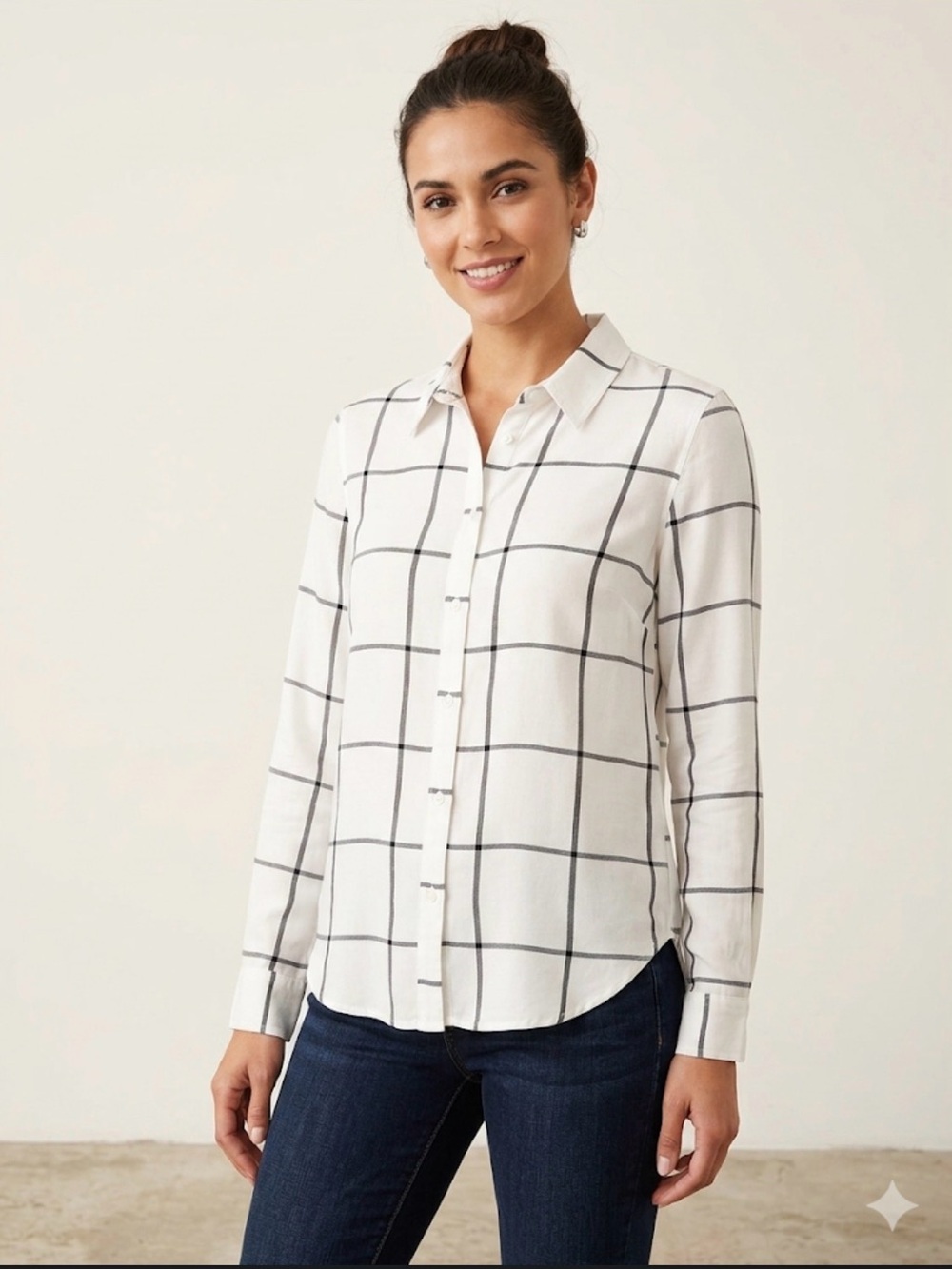 Como Vintage White Black Plaid Button Down Shirt - Size M - 100% Rayon